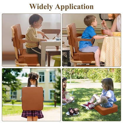 Toddler Booster Seat for Dining Table, Non-Slip Kitchen Chair Booster Seat with Backrest and Adjustable Straps, Portable PU Waterproof Travel Baby Booster Increasing Cushion