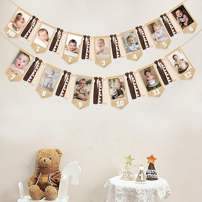 pinkblume 1st Birthday Burlap Photo Banner Garland Handmade Felt from Newborn to 12 Months with Gradient Brown Ribbon for Baby Boy Girl Monthly Milestones First Birthday Party Decoration Supplies