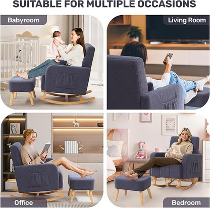 Rocking Chair with Ottoman, Upholstered Glider Rocker with High Backrest and Side Pocket, Comfy Reading Chair with Solid Wood Legs for Nursery, Living Room,Bedroom Dark Grey