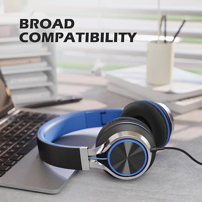 AILIHEN C8 Headphones Wired, On-Ear Kids Headphones with Microphone and Volume Control Foldable Corded Stereo 3.5mm Headset for School Teens Smartphones Chromebook Laptop Tablets Travel (Black Blue)