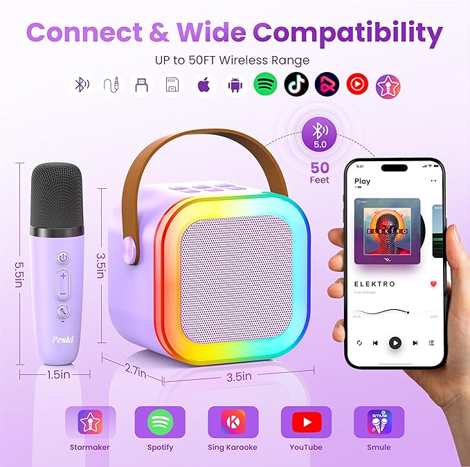 Mini Karaoke Machine for Kids Adults, Kids Toys Karaoke Microphone Singing Speaker, Karaoke Player with 2 Wireless Mic Party, Birthday Gifts for Girls Ages 4, 5, 6, 7, 8, 9, 10, 12+ Years Old(Purple)