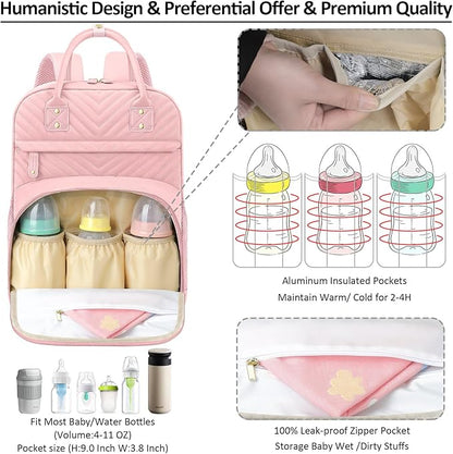 Diaper Bag Backpack Tote for Women Large Capacity, Baby Bag with Insulated Pockets Multifunctional Diaper Bags For Baby Girl Boy Waterproof Baby Bags For Boys Girls Maternity Bag Baby Pink
