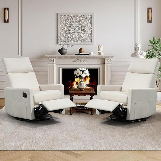 Swivel Rocker Recliner Chairs Set of 2, Upholstered Fabric Nursery Rocking Glider Chair with Adjustable Backrest and Footrest, Lay Flat Recliner Single Lazy Sofa for Living Room(Beige)