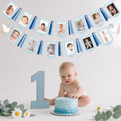 One Silly Goose 1st Birthday Photo Banner Garland from Newborn to 12 Months Paper Photo Banner with Gradient Blue Ribbon for Monthly Milestones Baby Boy First Birthday Party Decorations Supplies