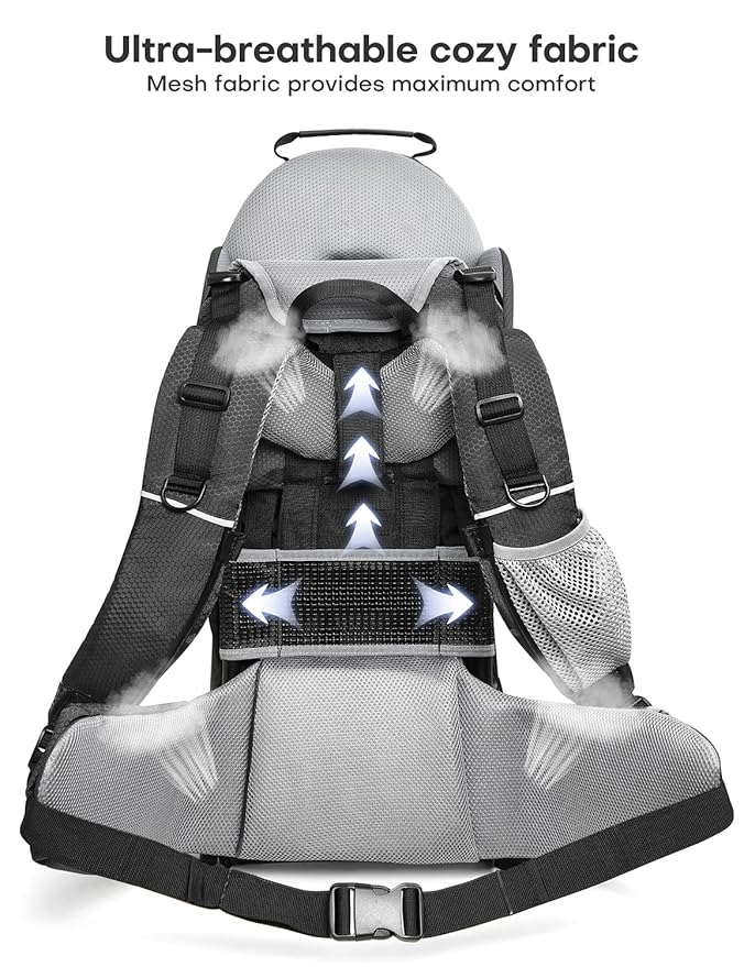 besrey Baby Backpack Carrier, Toddler Hiking Backpack with Safety 3-Height Seat, Adjustable Straps&Waist Belt, Foldable Frame Lightweight Large Capacity Child Carrier for Hiking (Black/Grey)