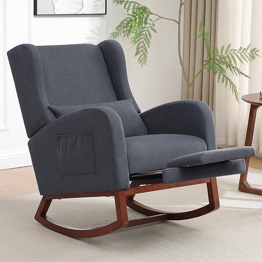 Nursery Rocking Chair, Rocking Chair Nursery with Foot Rest, Comfy Fabric Glider Rocker Nursing Chair with High Back for Nursing, Living Room, Bedroom, Grey