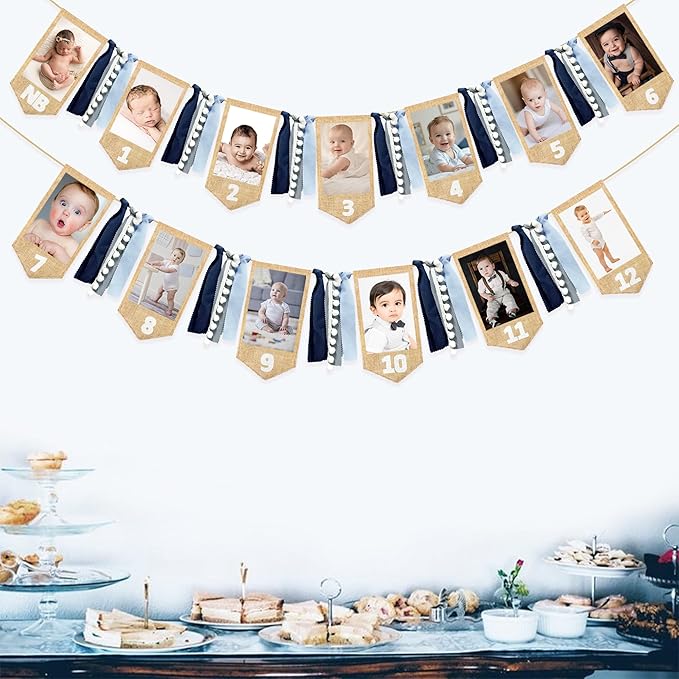 pinkblume 1st Birthday Burlap Photo Banner Garland Handmade Felt from Newborn to 12 Months with Dusty Blue Gray Ribbon for Baby Boy Girl Monthly Milestones First Birthday Party Decoration Supplies