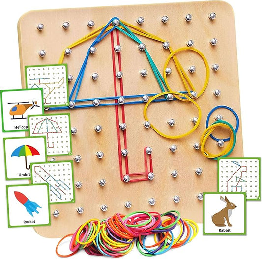 Panda Brothers Wooden Geoboard - Montessori Toys for 3 4 5 Year Old Kids and Toddlers, Educational Toy with 30 Pattern Cards and 40 Rubber Bands to Create Figures, Brain Teaser STEM Toy Geo Board