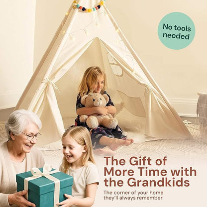 PlayVibe Kids Teepee Canopy - Baby & Toddler Play Shelter with LED Star Lights, Cozy Reading Nook, Party Canvas for Indoor Outdoor Fun - Tent for Kids - Play Tent