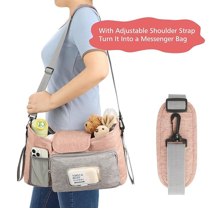 Accmor Universal Stroller Organizer with Insulated Cup Holder, Stroller Caddy Bag Accessories, Stroller Cup Holder Organizer for Uppababy Baby Jogger Britax Stroller, Pink