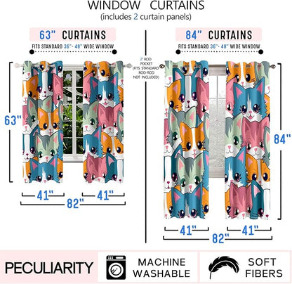 Cat Curtain Panels for Girls - 2Pcs Cat Blackout Curtains for Girls Bedroom, 84W x 84L