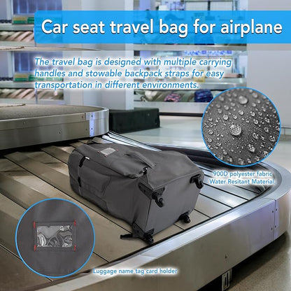 Car Seat Travel Bag with Wheels Heavy Duty Water-resistant Protective Cover for Airplane Travel & Rolling Design, Padded Handle,Padded Adjustable Strap (Grey)