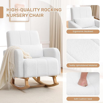 Rocking Chair with Ottoman, Upholstered Nursing Glider Rocker with High Backrest and Side Pocket, Comfy Reading Chair with Solid Wood Legs for Nursery/Living Room/Bedroom White