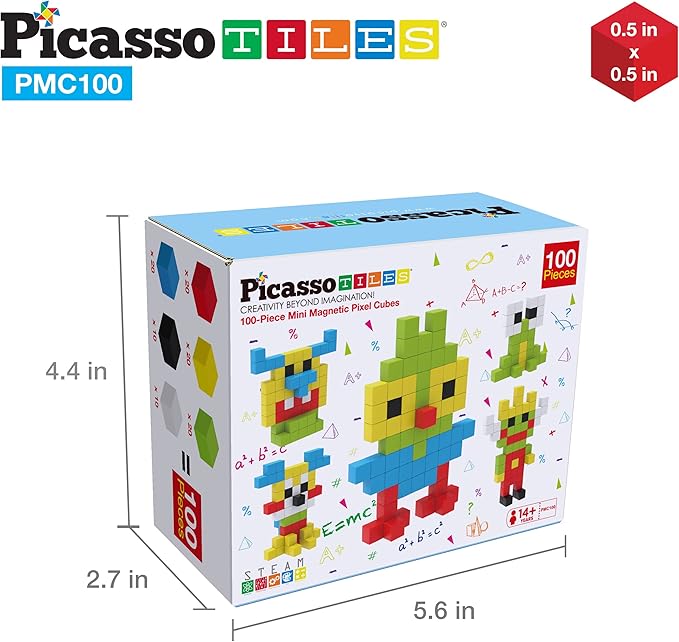 PicassoTiles 100pcs 0.5” Pixel Magnetic Puzzle Cube Mix & Match Cubes Sensory Toys STEAM Education Learning Building Block Magnets Children Construction Toy Set Stacking Magnet Creative Kit PMC100