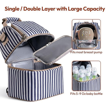 NCVI Breastmilk Cooler Bag with 2 Ice Pack, Breast Pump Bag with Cooler Fits 6 Bottles, Double Layer Breast Milk Baby Bottle Cooler Bag, for Travel, Nursing Mom Daycare, Work, Picnic (Stripe)