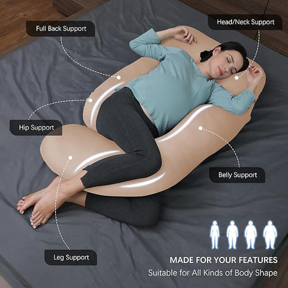 MOON PARK Pregnancy Pillows for Sleeping - U Shaped Full Body Maternity Pillow with Removable Cover - Support for Back, Legs, Belly, HIPS - 57 Inch - Brown - Cooling Cover