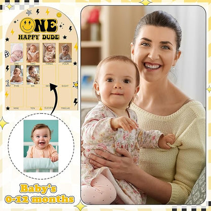 R HORSE My First Year Photo Frame Board, 3D One Happy Dude Birthday Decoration Display Wood Board, Baby Boy First Year Picture Frame 12 Months Milestone 1st Birthday Nursery Decor Gift