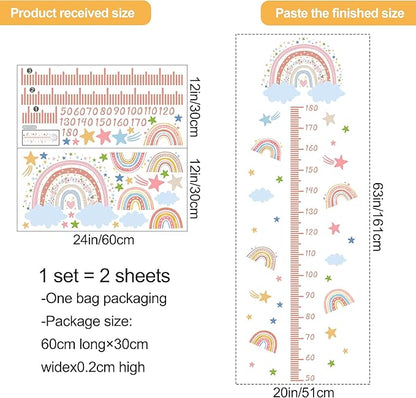 3D Cartoon Height Growth Chart for Kids - Removable DIY Pink Rainbow Wall Decal Peel and Stick Stars and White Clouds Wall Art Decor for Kids Nursery, Bedroom, Bathroom
