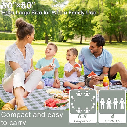 Extra Large Picnic Blanket 80''x 80'' Waterproof Foldable Picnic Mat for Beach, 5-Layer Outdoor Blanket for 6 to 8 Adults,Camping Grass Lawn Park Accessories Couple Park Wedding Registry(Green)
