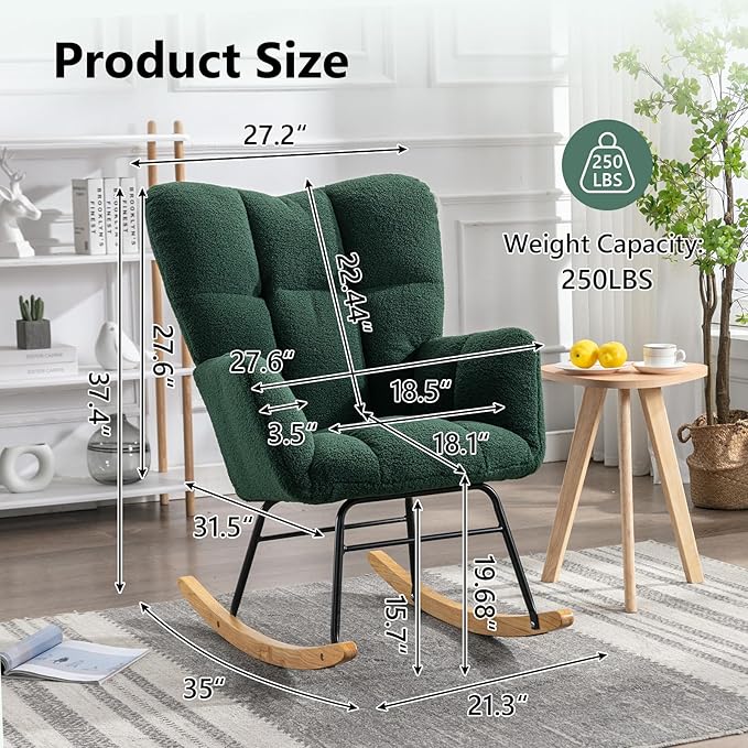 NIOIIKIT Nursery Rocking Chair Teddy Fabric Upholstered Glider Rocker Rocking Accent Chair Padded Seat with High Backrest Armchair Comfy Side Chair for Living Room Bedroom(Green Teddy)