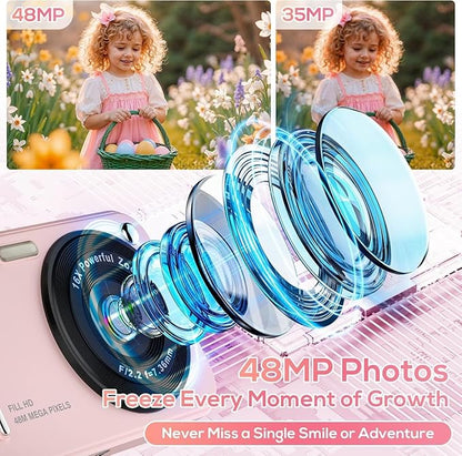 Digital Camera for Kids, WITYEAH 48MP FHD 1080P Point and Shoot Digital Cameras with 16X Zoom Anti-Shake, Compact Portable Cameras for Photography, for Boys Girls Teens Beginners-Pink