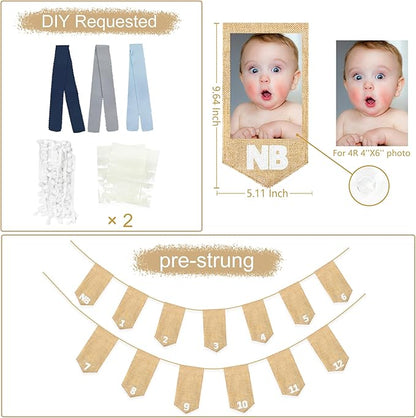 pinkblume 1st Birthday Burlap Photo Banner Garland Handmade Felt from Newborn to 12 Months with Dusty Blue Gray Ribbon for Baby Boy Girl Monthly Milestones First Birthday Party Decoration Supplies