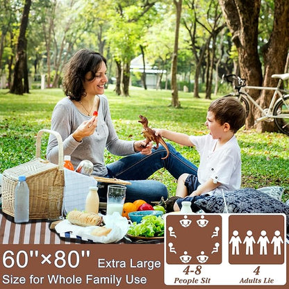Striped Picnic Blanket Waterproof & Sand Proof, 5-Layer Beach Blanket Portable with Carry Strap, Extra Large Foldable Picnic Rug Machine Washable for Camping Party,Wet Grass,Kids Playground