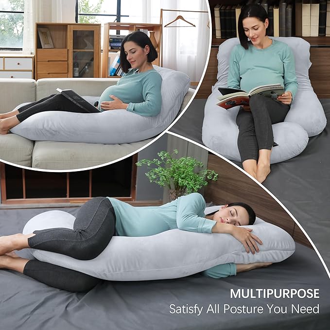 MOON PARK Pregnancy Pillows for Sleeping - U Shaped Full Body Maternity Pillow with Removable Cover - Support for Back, Legs, Belly, HIPS - 57 Inch Pregnancy Pillow for Women - Light Grey