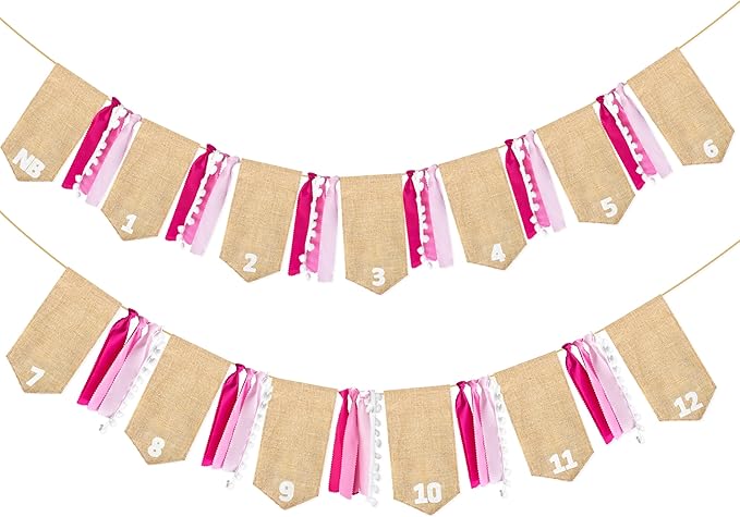 pinkblume 1st Birthday Burlap Photo Banner Garland Handmade Felt from Newborn to 12 Months with Gradient Pink Ribbon for Baby Girl Monthly Milestones First Birthday Party Decorations Supplies