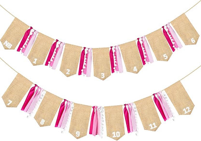 pinkblume 1st Birthday Burlap Photo Banner Garland Handmade Felt from Newborn to 12 Months with Gradient Pink Ribbon for Baby Girl Monthly Milestones First Birthday Party Decorations Supplies