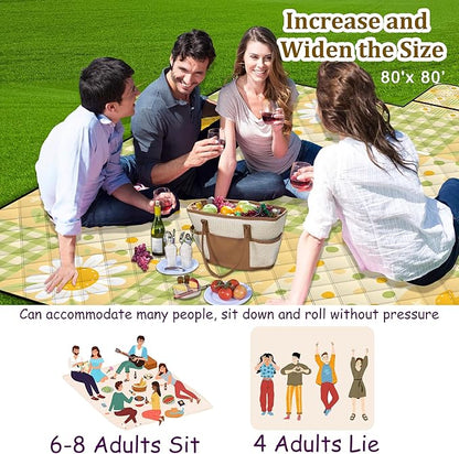Extra Large Picnic Blanket Waterproof,80"x 80"Foldable Machine Washable Beach Blanket,Outdoor Blanket for 6-8 Adults,Suitable for Indoor Crawling,Park Beach,Camping,Hiking,Family Travel(Sunflower)