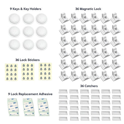 Pack of 36 Magnetic Cabinet Locks for Child Safety with 9 Keys, 3M Adhesive Easy Installation, Baby Proofing Magnetic Locks for Cabinets and Drawers (36 Locks + 9 Keys)