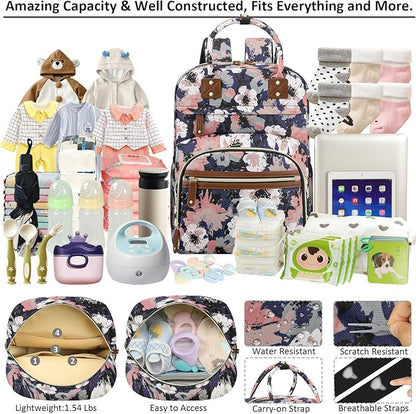 Diaper Bag Backpack Tote for Women Large Capacity, Multifunctional Waterproof Baby Bag with Insulated Pockets For Baby Girl Boy Mama, Maternity Bag Floral Painting