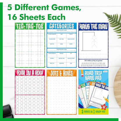 Road Trip Game Pad, 80 Tear-Off Sheets 5 Classic Games in 1 Pad, Dots & Boxes, Tic-tac-Toe, Categories, Plane Travel, Car Trip Activity, Pen Pencil & Paper Game for Kids, Adults (4” x 6”)