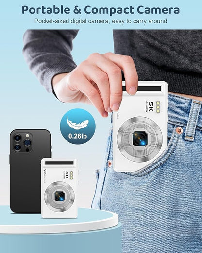 5K Digital Camera - 72MP UHD Digital Cameras for Photography - Autofocus Point and Shoot Small Camera with Flash for Kids - 2.8 Inch Screen Compact Portable Vlogging Camara with 16X Zoom, 32GB SD Card