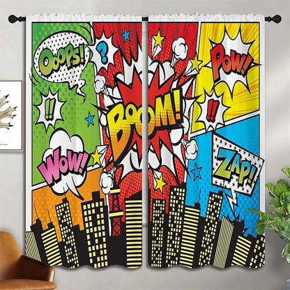 Superhero City Wars Explosion Rod Pocket Blackout Curtains for Boy Girl Bedroom, Colorful Comics Ar Thermal Insulated Home Window Drapes for Living Room Darkening, 72x63 inch