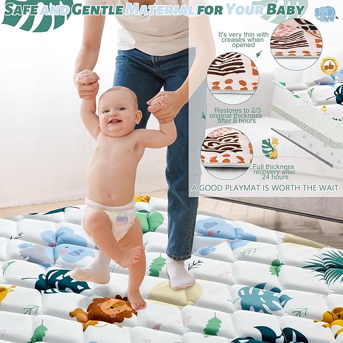 Baby Play Mats for Floor, 43x43 Playpen Mat for Babies, Extra Thicker & Soft Floor Crawling Mat, Foldable Non-Slip Playmat Cushioned for Infants Toddlers, Cute Animal Design