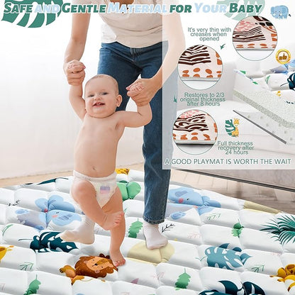 Baby Play Mats for Floor, 59x59 Playpen Mat for Babies, Extra Thicker & Soft Floor Crawling Mat, Foldable Non-Slip Playmat Cushioned for Infants Toddlers, Cute Animal Design