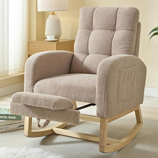 NIOIIKIT Modern Nursery Rocking Chair, Teddy Upholstered Rocking Chair with Footrest, Comfortable Rocker Chair with Side Pocket, Rocker Chair for Living Room, Bedroom, Nursing Room (Brown)