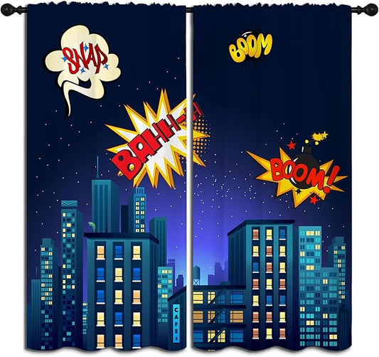 Superhero Rod Pocket Blackout Curtains for Boy Girl Bedroom, Cartoon Skyline Buildings Cityscape Thermal Insulated Home Window Drapes for Living Room Darkening, 84x72 inch