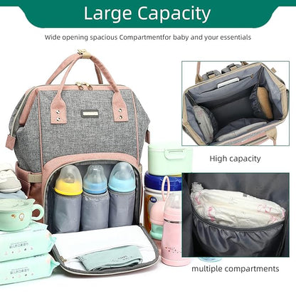 Diaper Bag Backpack, Diaper Bags for Baby Girls Boys, Baby Bags for Moms Dads, Nappy Changing Bag with Insulated Pockets,Multi-functional Waterproof Backpack with Stroller straps-Pink