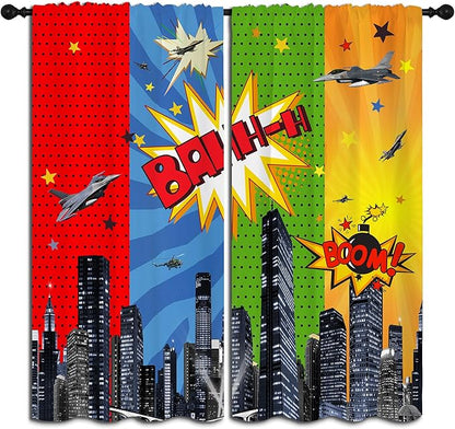 Superhero Rod Pocket Blackout Curtains for Boy Girl Bedroom, City War Explosion Comics Art Thermal Insulated Home Window Drapes for Living Room Darkening, 42x45 inch