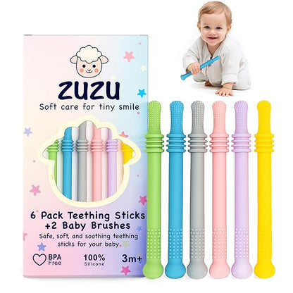 Babies Teether Teething Toys , Montessori Toy Teethers for 0-36 Months, Infant Sensory Relief Teething Stick Toys, Parent Baby Essentials, Baby Gift Teether – BPA‑Free, Food‑Grade Silicone 6 Pack