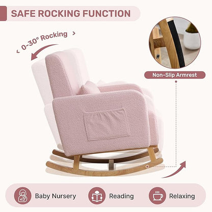 Rocking Chair with Ottoman, Upholstered Nursing Glider Rocker with High Backrest and Side Pocket, Comfy Reading Chair with Solid Wood Legs for Nursery/Living Room/Bedroom Pink