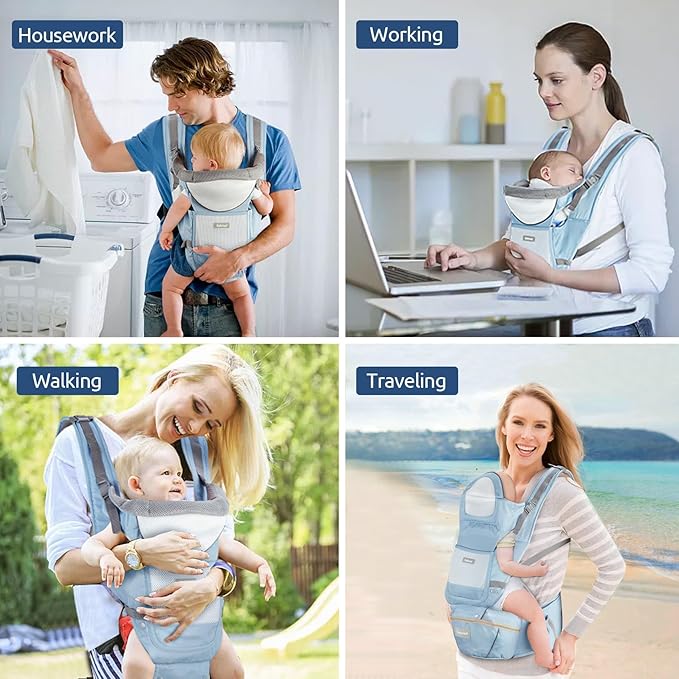 Baby Carrier with Hip Seat,Ergonomic M Position 6in1 Baby Carrier Newborn to Toddler,Head Support and Breathable Mesh Newborn Carrier,Adjustable Baby Holder Carrier for Dad&Mom-Blue