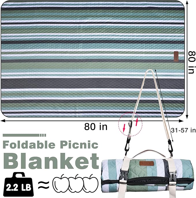 Waterproof Picnic Blanket 80" x 80" in Portable with Carry Strap for Beach Mat or Family Outdoor Camping Party, Park Blanket for Grass Park, Hiking, Travel, Concerts (Green&White, 80" x 80")