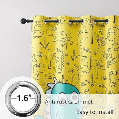 Dinosaur Blackout Curtains for Kids Room - 2 Panels, Each W52×L63, 100% Blackout, Thermal Insulated, Noise Reducing, Perfect for Kids Room and Nersury