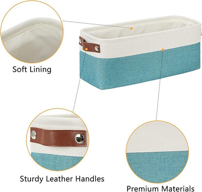 DULLEMELO Small Bathroom Closet Storage Baskets Canvas Fabric Storage Bins for Toilet 2 Pack Collapsible Home Organizer With Handles (White&Teal)