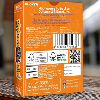 QUOKKA Board Games for Kids 8-12 and Family - Educational Card Game for Kids Age 12+ - Who Knows Culture and Literature Better? - 500+ Questions - Trivia for Family Game Night and Travel Fun