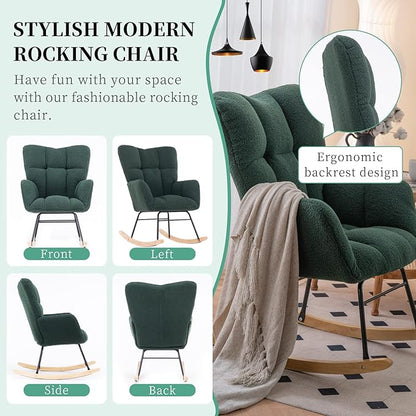NIOIIKIT Nursery Rocking Chair Teddy Fabric Upholstered Glider Rocker Rocking Accent Chair Padded Seat with High Backrest Armchair Comfy Side Chair for Living Room Bedroom(Green Teddy)